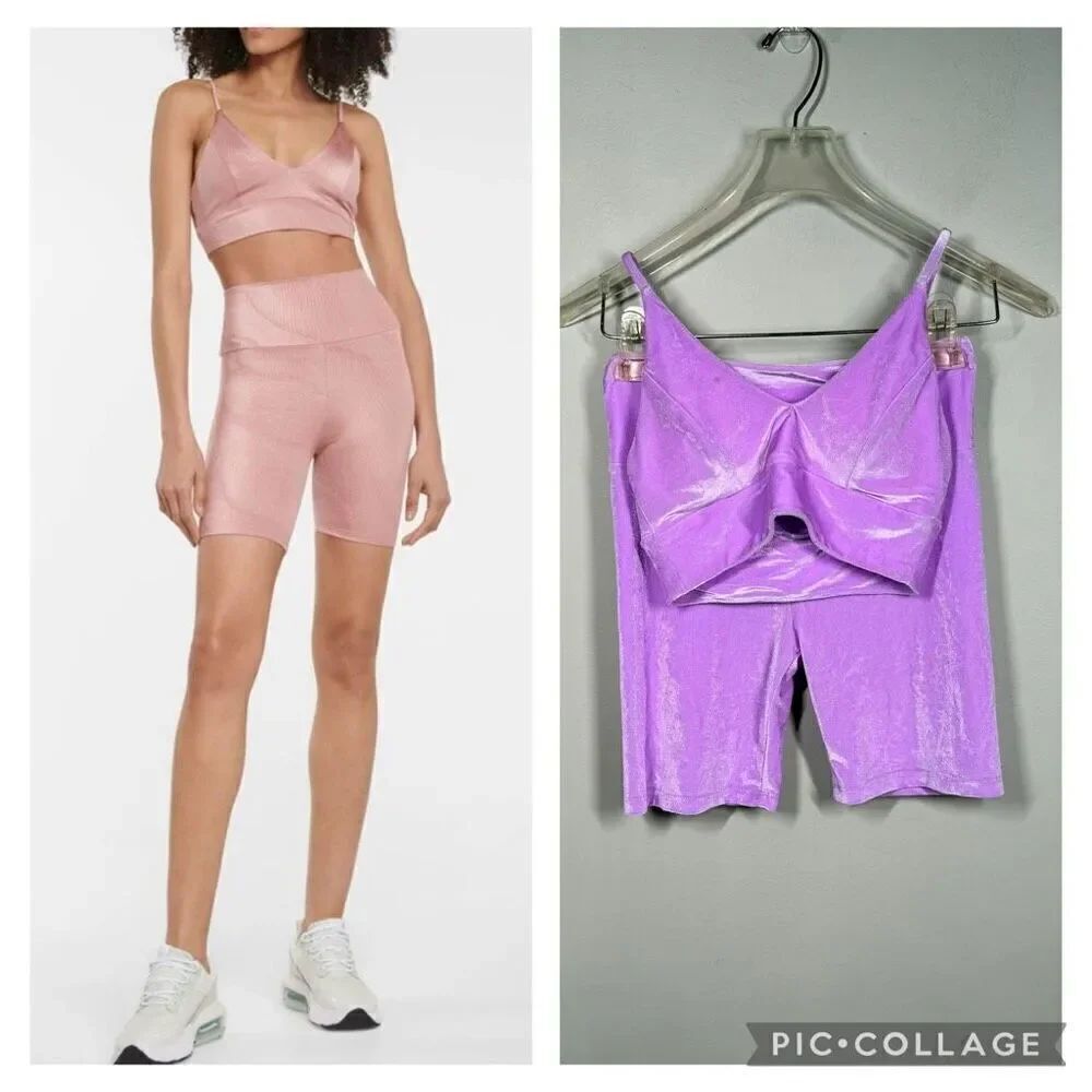 Atheleisure yoga Pilates active biker shorts & bra set lilac purple velvet XS